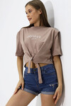Kadın Bej Yazı Baskılı Oversize Vatkalı  Bel Detay Örme T-Shirt  HZL23S-DSB120231