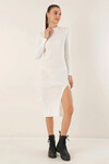 Kadın Beyaz Yırtmaçlı Yarım Boğazlı Midi Boy Triko Elbise HZL24W-BD1101761