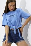Kadın Buz Mavi Yazı Baskılı Oversize Vatkalı  Bel Detay Örme T-Shirt  HZL23S-DSB120231
