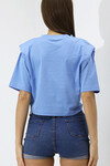 Kadın Buz Mavi Yazı Baskılı Oversize Vatkalı  Bel Detay Örme T-Shirt  HZL23S-DSB120231