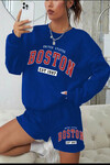 Kadın Mavi 3 İplik Şardonlu Boston Baskılı Şort Sweatshirt Alt Üst Takım  HZL24W-FRY121221