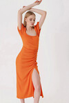Kadın Oranj  Yırtmaçlı Yazlık Örme Elbise HZL23S-BD123961