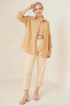 Kadın Tesettür Camel Geniş Kalıp Uzun Basic Gömlek HZL24W-BD139001