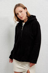 Kadın Welsoft esnek kumaş Siyah Peluş Yumoş Önü Fermuarlı Kapüşonlu Ceket HZL23W-DSB110081