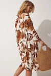 Kadın Yaprak Desenli Uzun Kahverengi Önü Açık Katlı Yaka Dokulu Viskon Yazlık Kimono HZL23S-BD158931