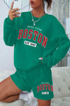 Kadın Yeşil 3 İplik Şardonlu Boston Baskılı Şort Sweatshirt Alt Üst Takım  HZL24W-FRY121221