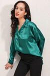 Kadın Yeşil Oversize Dökümlü Saten Yüzeyli Gömlek HZL23S-BD139851