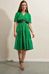Kadın Yeşil V Yaka Beli Lastikli Siyah Kemerli Örme Elbise HZL23S-BD123771