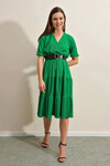 Kadın Yeşil V Yaka Beli Lastikli Siyah Kemerli Örme Elbise HZL23S-BD123771