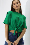 Kadın Yeşil Yazı Baskılı Oversize Vatkalı  Bel Detay Örme T-Shirt  HZL23S-DSB120231
